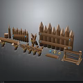 3D Rendered Wooden Fence Components With Pointed Tops Posts Benches And Ring Decorations
