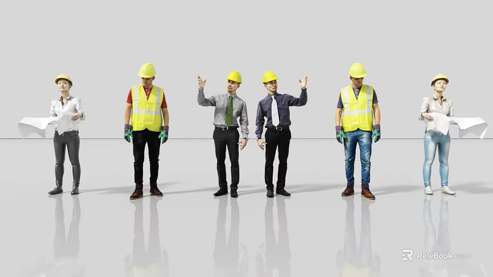 Group of People Wearing Yellow Hard Hats Reflective Vests Standing with Managers in Grey Background 3d model 