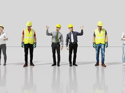 Group of People Wearing Yellow Hard Hats Reflective Vests Standing with Managers in Grey Background 3d model