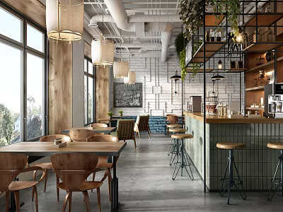 Cozy Café Interior With Wooden Tables Chairs Hanging Lamps Green Plants And Bar Counter 3d model