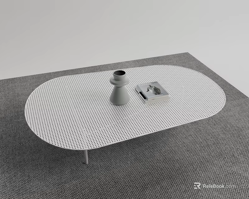 White Oval Perforated Coffee Table With Gray Vase And Square Object On Gray Carpet 3d model