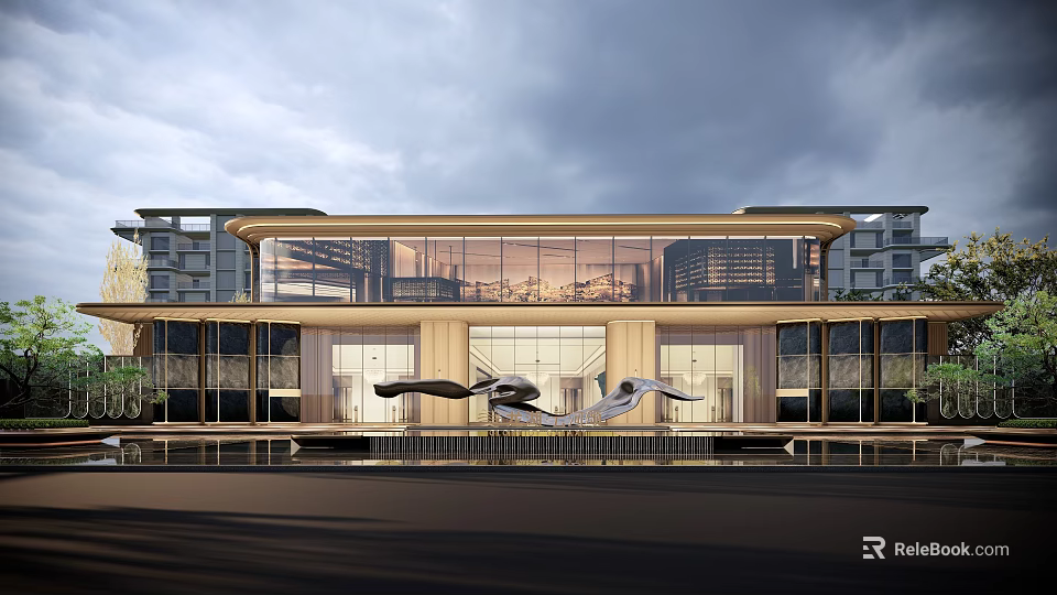 Modern Glass Facade Building Exterior With Water Feature And Sculpture 3d model