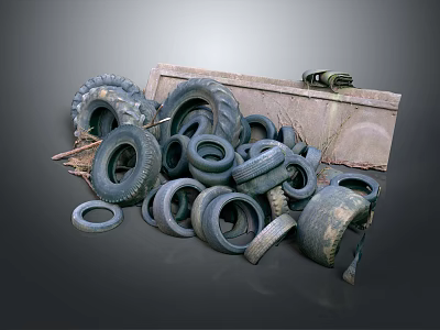 Pile of Old Used Tires Stacked on Metal Pallet with Various Sizes and Worn Surfaces 3d model