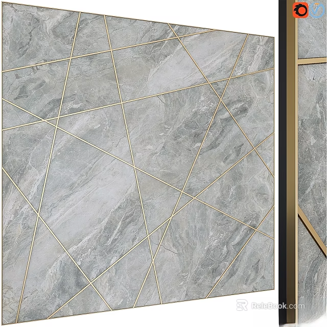 Elegant Wall Hanging with Gray Marble Texture Interlaced Gold Lines and Gold Frame 3d model