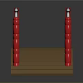 Red Arch Bridge With Wooden Deck Red Railings And Black Finials