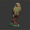 Colorful Owl Sculpture Perched On Tree Stump Base With Vibrant Feather Details