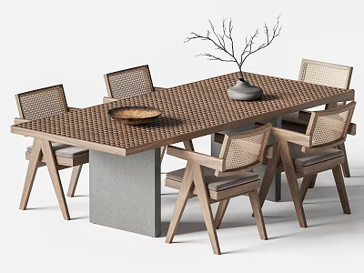 Woven Top Dining Table and Wooden Chairs Set with Concrete Base and Decorative Branch Vase 3d model