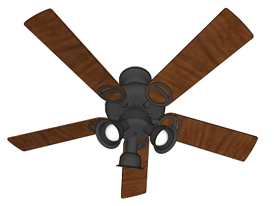 Stylish Ceiling Fan With Wooden Blades And Black Motor Decorative Rings 3d model