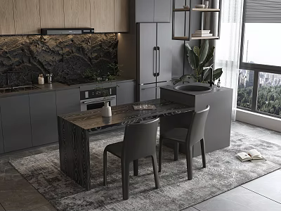 Modern Kitchen Interior With Marble Island Gray Cabinets Wooden Shelves And Large Window 3d model