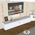 Modern White TV Stand in Living Room with TV Decorative Items and Side Table