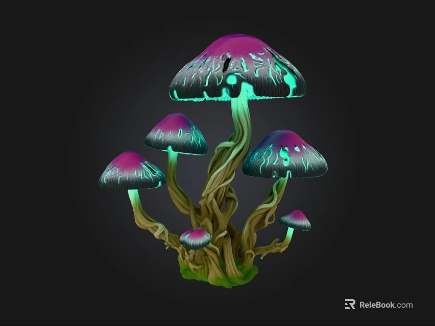 Colorful Glowing Mushrooms with Purple Green Caps Brown Stems and Green Moss 3d model 