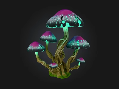 Colorful Glowing Mushrooms with Purple Green Caps Brown Stems and Green Moss 3d model
