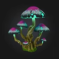 Colorful Glowing Mushrooms with Purple Green Caps Brown Stems and Green Moss