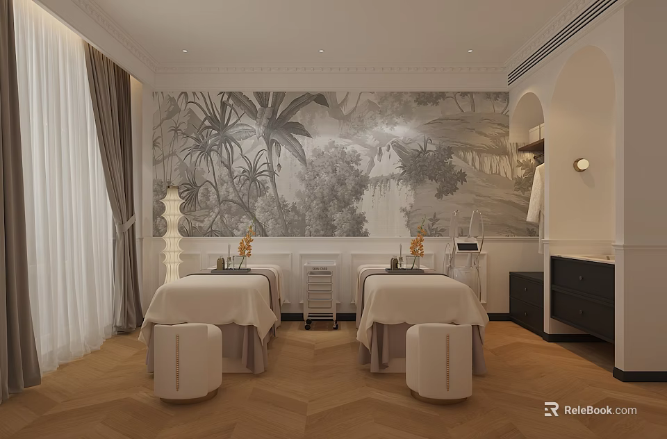 Elegant Hair And Beauty Salon Interior With Comfortable Beds And Artistic Mural Walls 3d model 