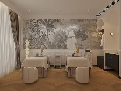 Elegant Hair And Beauty Salon Interior With Comfortable Beds And Artistic Mural Walls 3d model