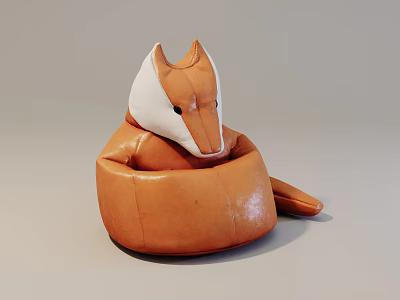 Fox Shaped Orange Bean Bag Chair With White Ears Face And Tail Design 3d model