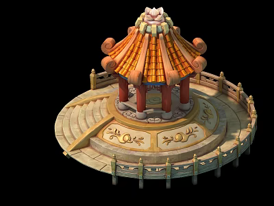 Traditional Chinese Pavilion Structure With Red Pillars Orange Tiled Roof Circular Steps And Wooden Railing 3d model