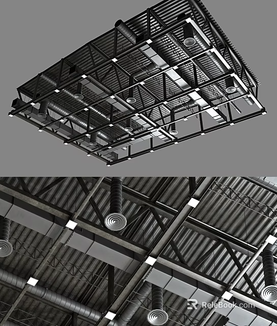Industrial Ceiling Piping System With Metal Framing Ventilation Ducts And Lighting Fixtures 3d model 