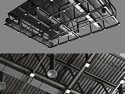 Industrial Ceiling Piping System With Metal Framing Ventilation Ducts And Lighting Fixtures 3d model