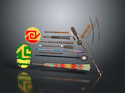 Traditional Decorative Items Collection with Round Emblems Feather Arrows And Colorful Striped Rods 3d model