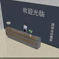Modern Reception Desk With Welcome Sign Staff Potted Plant Blue Wall And Contemporary Design