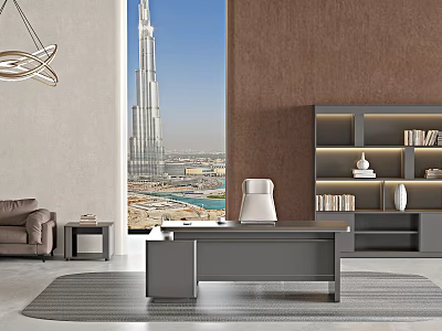 Modern Office Interior With Large Window Burj Khalifa View Gray Desk White Chair And Bookshelf 3d model