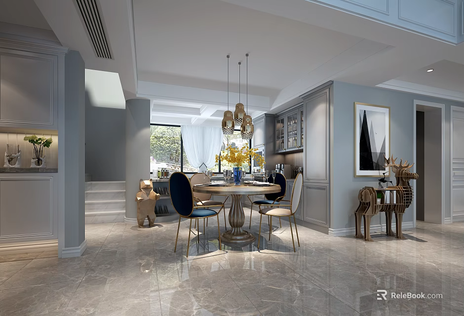 Modern Restaurant Interior Featuring Round Dining Table Yellow Flowers Chandeliers Decorative Painting And Marble Floor 3d model 