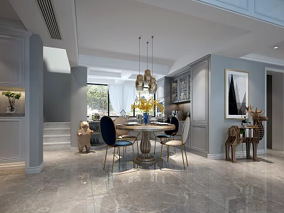 Modern Restaurant Interior Featuring Round Dining Table Yellow Flowers Chandeliers Decorative Painting And Marble Floor 3d model