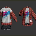 White T shirt with colorful graphic red plaid shirt and gray shorts casual clothing set