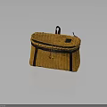 Cute Rabbit Resting in Handwoven Yellow Basket with Leather Straps on Gray Surface