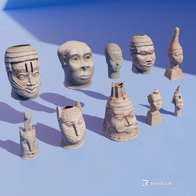 Traditional Handcrafted Tribal Sculpture Carvings With Human Heads And Figurines 3d model 