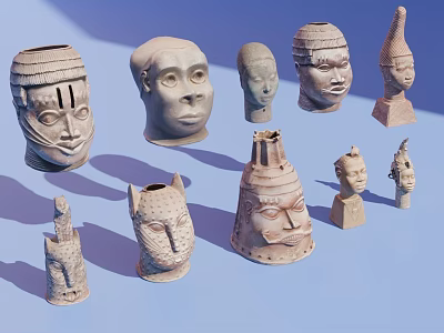 Traditional Handcrafted Tribal Sculpture Carvings With Human Heads And Figurines 3d model
