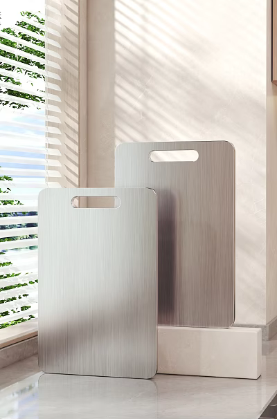 Stainless Steel Cutting Boards In Modern Kitchen With Natural Light 3d model