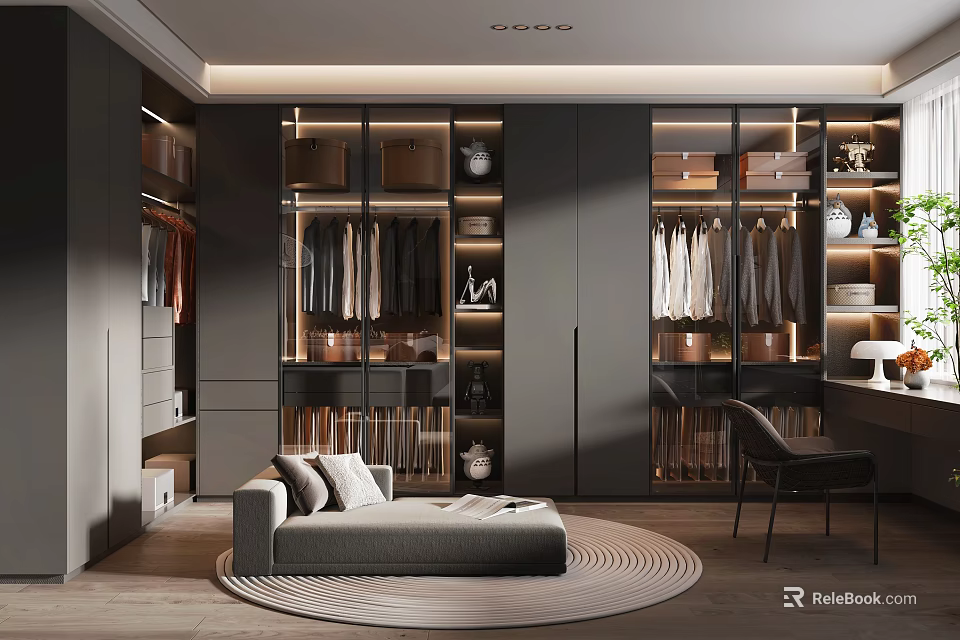 Luxury Walk in Closet Interior Design With Dark Glass Doors Sofa And Round Rug 3d model 