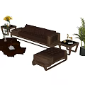 Elegant Dark Sofa Coffee Table Set With Wooden Frame Side Tables And Potted Plant