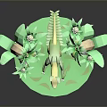 Spiky Green Dinosaur Character With Green Plants Flowers And Leaves 3D Scene