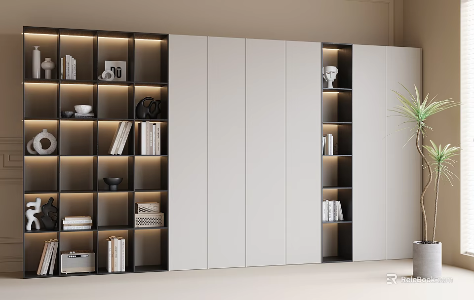 Modern Bookcase With Built in Lighting Display Storage Shelves And Decorative Items 3d model 