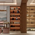 Chinese Style Interior With Landscape Screen Wooden Storage And Seats