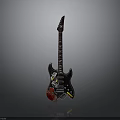 Household Electric Guitar With Black Body And Decorative Stickers On Gray Background