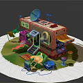 Cartoon Style RV Campsite Scene with Satellite Dish Awning Deck Chairs Lifebuoy and Small Table