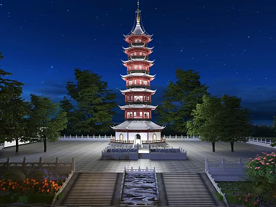 Ancient Chinese Pagoda Under Starry Night Sky With Trees Steps And Pool 3d model