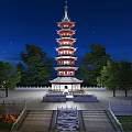 Ancient Chinese Pagoda Under Starry Night Sky With Trees Steps And Pool