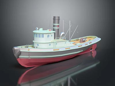 Vintage Wooden Boat With Red Bottom Hull And Upper Cabin Chimney Design 3d model