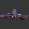 Rustic Wooden Furniture Set Two Beds Blue Mattresses Small Chest Old Suitcase Umbrella On Platform