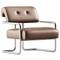 Brown Leather Upholstered Leisure Chair With Button Tufted Back And Silver Metal Frame