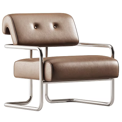 Brown Leather Upholstered Leisure Chair With Button Tufted Back And Silver Metal Frame 3d model
