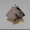 Traditional Thatched Roof Cottage With Wooden Structure Platform Base And Simple Doors Windows