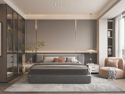 Modern Bedroom Design With Gray Headboard Bed Nightstand Hanging Lamp Armchair Rug And Potted Plant 3d model
