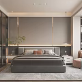 Modern Bedroom Design With Gray Headboard Bed Nightstand Hanging Lamp Armchair Rug And Potted Plant