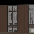 Modern Wardrobe Interior Design With Glass Doors Wooden Panels Hanging Clothes And Storage Shelves